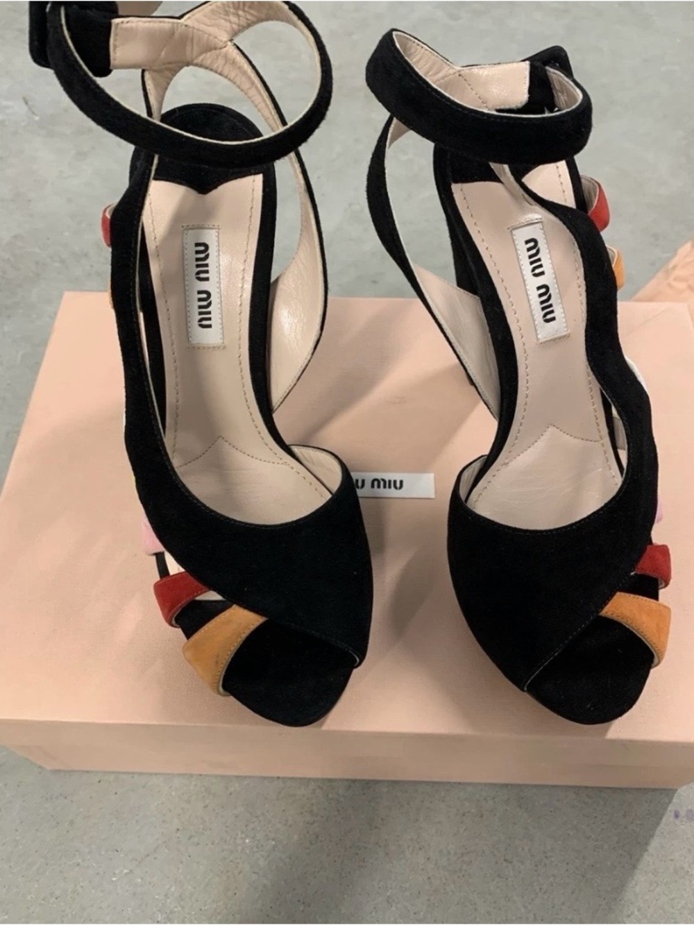 Miu Miu Black Suede Ankle-Strap Heels with Red, Pink and Tan Accents